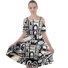 New York City Nyc Broadway Doodle Art Cut Out Shoulders Chiffon Dress by Grandong
