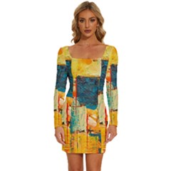 Wall Art Long Sleeve Square Neck Bodycon Velvet Dress by artworkshop