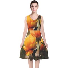 Yellow Butterfly Flower V-neck Midi Sleeveless Dress  by artworkshop