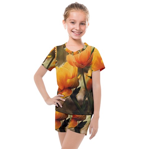 Yellow Butterfly Flower Kids  Mesh Tee And Shorts Set by artworkshop
