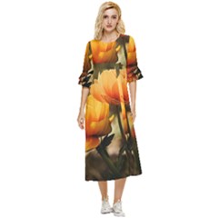 Yellow Butterfly Flower Double Cuff Midi Dress by artworkshop