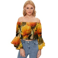 Yellow Butterfly Flower Off Shoulder Flutter Bell Sleeve Top by artworkshop