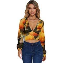 Yellow Butterfly Flower Long Sleeve Deep-v Velour Top by artworkshop