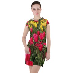 Yellow Pink Red Flowers Drawstring Hooded Dress by artworkshop