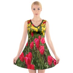 Yellow Pink Red Flowers V-neck Sleeveless Dress by artworkshop