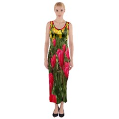 Yellow Pink Red Flowers Fitted Maxi Dress by artworkshop