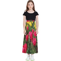 Yellow Pink Red Flowers Kids  Flared Maxi Skirt