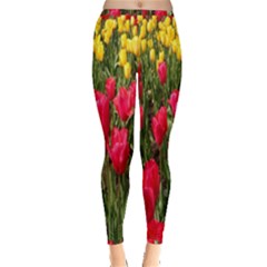 Yellow Pink Red Flowers Inside Out Leggings by artworkshop