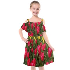 Yellow Pink Red Flowers Kids  Cut Out Shoulders Chiffon Dress by artworkshop