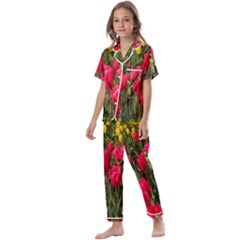 Yellow Pink Red Flowers Kids  Satin Short Sleeve Pajamas Set by artworkshop
