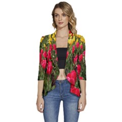 Yellow Pink Red Flowers Women s 3/4 Sleeve Ruffle Edge Open Front Jacket by artworkshop