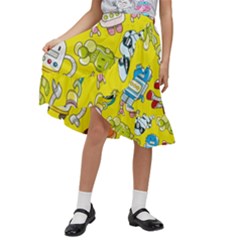 Robot Pattern Kids  Ruffle Flared Wrap Midi Skirt by Grandong
