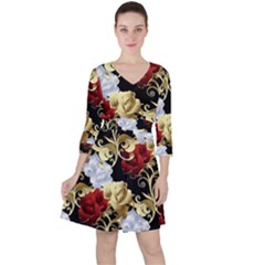 Roses Seamless Pattern Quarter Sleeve Ruffle Waist Dress