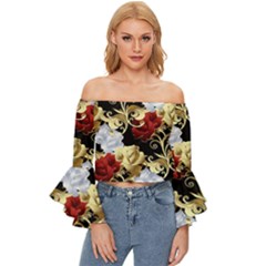 Roses Seamless Pattern Off Shoulder Flutter Bell Sleeve Top by Grandong