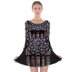 Chartres Cathedral Notre Dame De Paris Stained Glass Long Sleeve Skater Dress by Grandong