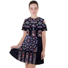 Chartres Cathedral Notre Dame De Paris Stained Glass Short Sleeve Shoulder Cut Out Dress  by Grandong