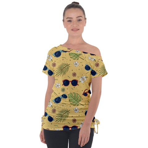 Seamless Pattern Of Sunglasses Tropical Leaves And Flower Off Shoulder Tie-up Tee by Grandong