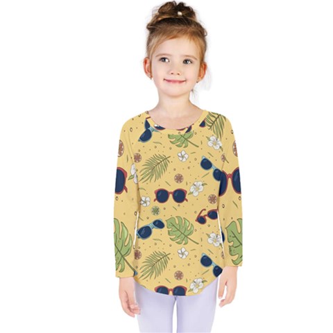 Seamless Pattern Of Sunglasses Tropical Leaves And Flower Kids  Long Sleeve Tee by Grandong