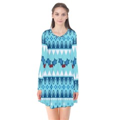 Blue Christmas Vintage Ethnic Seamless Pattern Long Sleeve V-neck Flare Dress