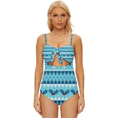 Blue Christmas Vintage Ethnic Seamless Pattern Knot Front One-piece Swimsuit by Grandong