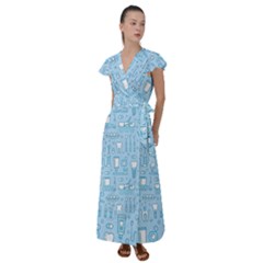 Dentist Blue Seamless Pattern Flutter Sleeve Maxi Dress by Grandong