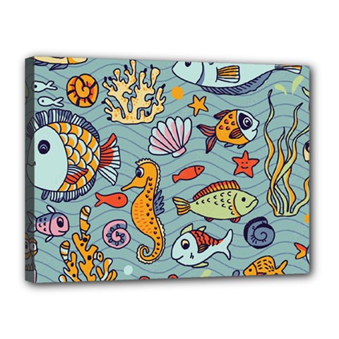 Cartoon Underwater Seamless Pattern With Crab Fish Seahorse Coral Marine Elements Canvas 16  X 12  (stretched) by Grandong