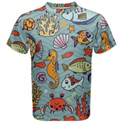 Cartoon Underwater Seamless Pattern With Crab Fish Seahorse Coral Marine Elements Men s Cotton Tee by Grandong