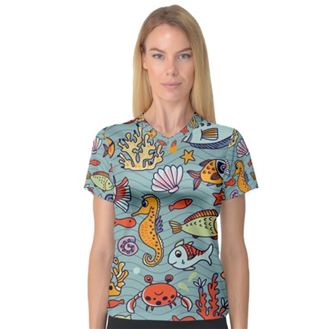 Cartoon Underwater Seamless Pattern With Crab Fish Seahorse Coral Marine Elements V-neck Sport Mesh Tee by Grandong