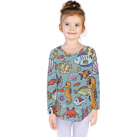 Cartoon Underwater Seamless Pattern With Crab Fish Seahorse Coral Marine Elements Kids  Long Sleeve Tee by Grandong