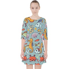 Cartoon Underwater Seamless Pattern With Crab Fish Seahorse Coral Marine Elements Quarter Sleeve Pocket Dress by Grandong