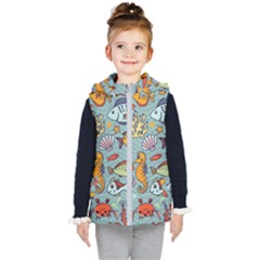 Cartoon Underwater Seamless Pattern With Crab Fish Seahorse Coral Marine Elements Kids  Hooded Puffer Vest by Grandong