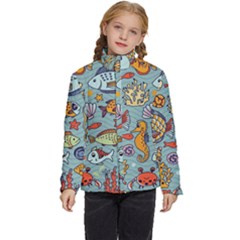 Cartoon Underwater Seamless Pattern With Crab Fish Seahorse Coral Marine Elements Kids  Puffer Bubble Jacket Coat by Grandong