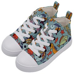 Cartoon Underwater Seamless Pattern With Crab Fish Seahorse Coral Marine Elements Kids  Mid-top Canvas Sneakers by Grandong