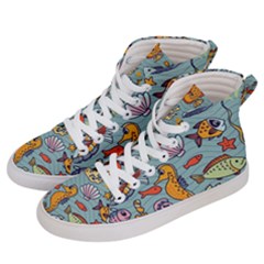 Cartoon Underwater Seamless Pattern With Crab Fish Seahorse Coral Marine Elements Women s Hi-top Skate Sneakers by Grandong