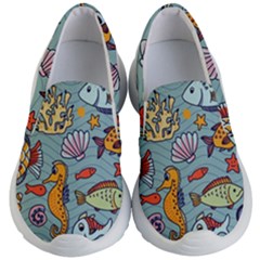 Cartoon Underwater Seamless Pattern With Crab Fish Seahorse Coral Marine Elements Kids Lightweight Slip Ons by Grandong