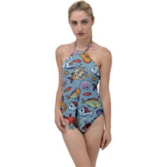 Cartoon Underwater Seamless Pattern With Crab Fish Seahorse Coral Marine Elements Go With The Flow One Piece Swimsuit by Grandong