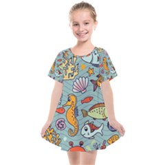 Cartoon Underwater Seamless Pattern With Crab Fish Seahorse Coral Marine Elements Kids  Smock Dress by Grandong