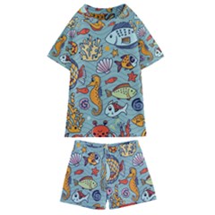 Cartoon Underwater Seamless Pattern With Crab Fish Seahorse Coral Marine Elements Kids  Swim Tee And Shorts Set by Grandong