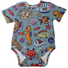 Cartoon Underwater Seamless Pattern With Crab Fish Seahorse Coral Marine Elements Baby Short Sleeve Bodysuit by Grandong