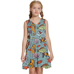 Cartoon Underwater Seamless Pattern With Crab Fish Seahorse Coral Marine Elements Kids  Sleeveless Tiered Mini Dress by Grandong