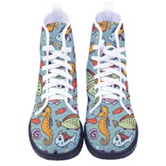 Cartoon Underwater Seamless Pattern With Crab Fish Seahorse Coral Marine Elements Women s High-top Canvas Sneakers by Grandong