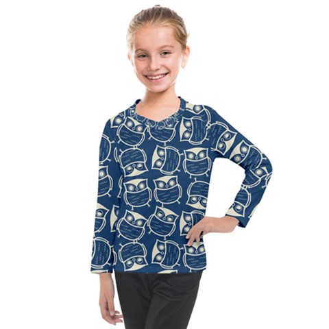 Cute Seamless Owl Background Pattern Kids  Long Mesh Tee by Grandong