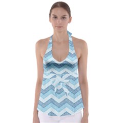 Seamless Pattern Of Cute Summer Blue Line Zigzag Tie Back Tankini Top by Grandong