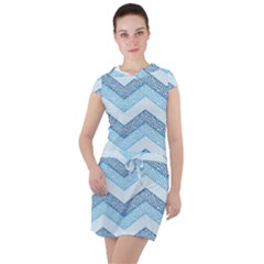 Seamless Pattern Of Cute Summer Blue Line Zigzag Drawstring Hooded Dress