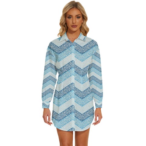 Seamless Pattern Of Cute Summer Blue Line Zigzag Womens Long Sleeve Shirt Dress by Grandong