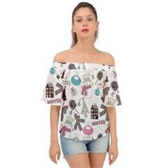 Christmas Themed Collage Winter House New Year Off Shoulder Short Sleeve Top by Grandong