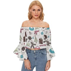 Christmas Themed Collage Winter House New Year Off Shoulder Flutter Bell Sleeve Top by Grandong