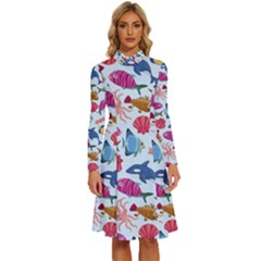 Sea Creature Themed Artwork Underwater Background Pictures Long Sleeve Shirt Collar A-line Dress by Grandong