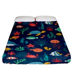 Variety Of Fish Illustration Turtle Jellyfish Art Texture Fitted Sheet (king Size) by Grandong