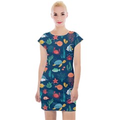 Variety Of Fish Illustration Turtle Jellyfish Art Texture Cap Sleeve Bodycon Dress by Grandong